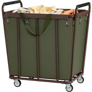 Hoctieon Large Laundry Cart with Wheels, 400L Heavy Duty Laundry Basket Organizer, Rolling Hamper Sorter for Clothes Storage, Industrial Dirty Clothes Hamper for Home & Hotel, Green+Brown