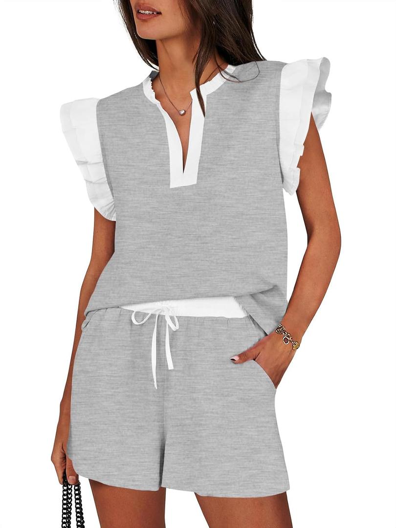 Tankaneo Womens 2 Piece Lounge Sets Summer Outfits V Neck Ruffle Cap Sleeve Tops and Shorts Vacation Matching Set, Grey, Medium