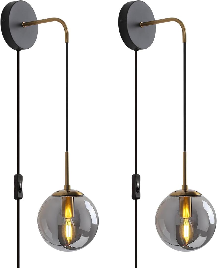 Wall Sconces Set of Two Black and Brass Gold Plug in Wall Sconces Set of 2 with Globe Smoke Grey Glass Shade Wall Lights Wall Lamps for Bedrooms Sconces Wall Decor Set of 2 with Plug in Cord