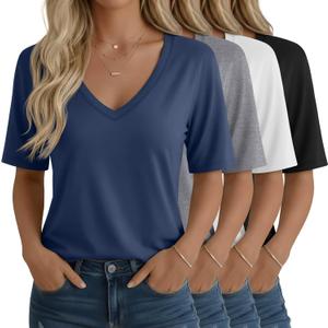 4 Pack Women's Half Sleeve Shirts V Neck Tops Elbow Length Loose Fit Straight Hem T Shirts Casual Summer Tees (Large)