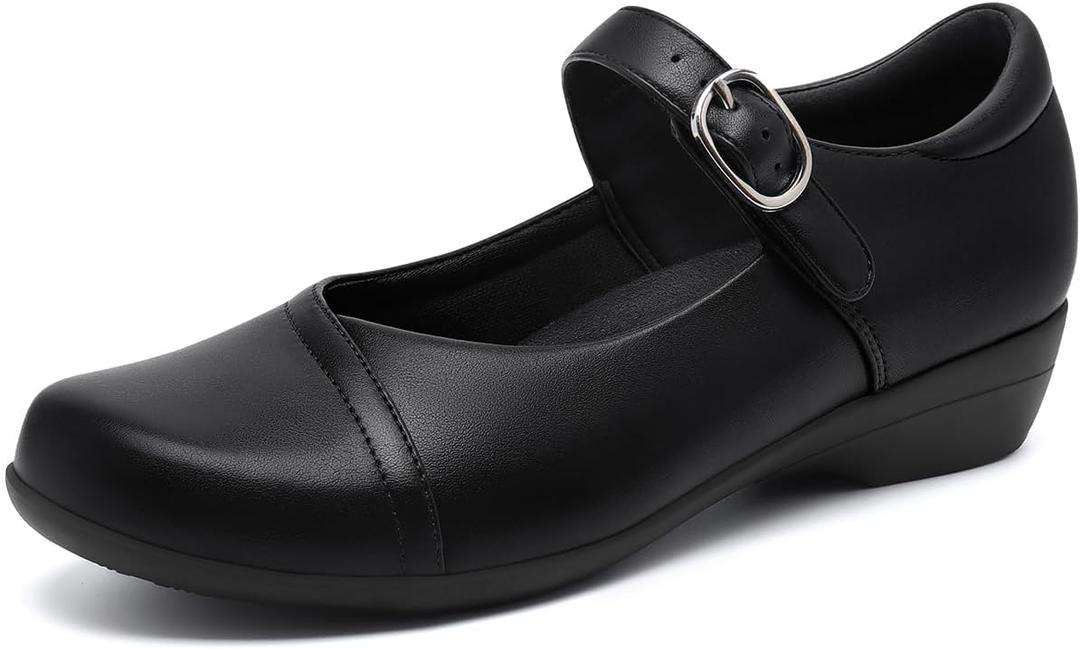 Athlefit Mary Jane Flats for Women Dressy Ballet Flats Shoes Comfortable Round Toe Buckle Work Flat Shoes (8.5, Black)
