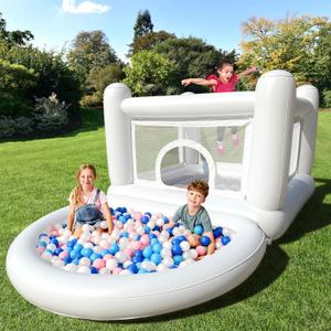 White Bounce House with Ball Pit for Kids 3-6 Indoor White Bouncy Castle with Blower PVC Waterproof Materials Outdoor Toddler Toys Include Electric Pump