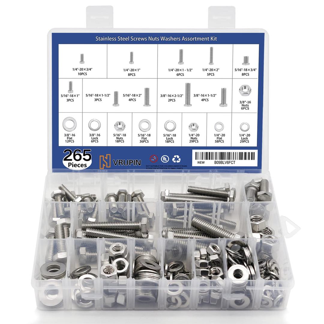 265PCS Nuts and Bolts 1/4"-20, 5/16"-18, 3/8"-16 Carbon Steel Hex Nuts and Bolts Assortment Kit, Hardware Screws Assortment Kit (3 Types, 4 Different Sizes-3/4, 1, 1-1/2, 2)