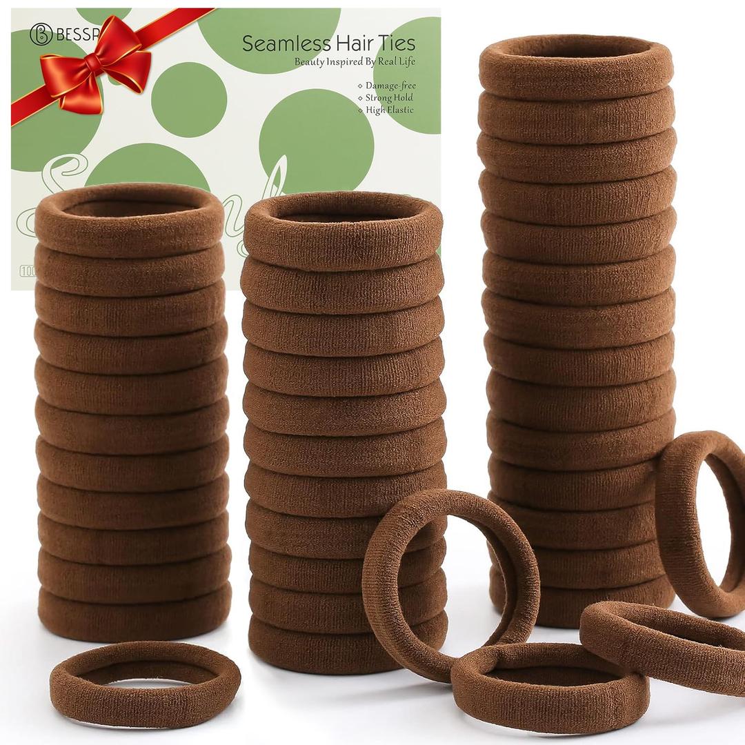 Bessrung 100 Pcs Thick Seamless Hair Ties, Ponytail Holders Hair Accessories for Women Girls No Damage for Thick Hair(Dark Brown Colors)