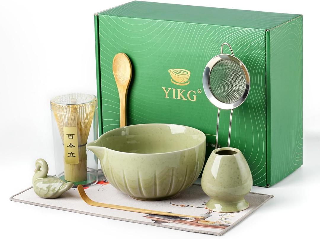 Matcha Kit - 8 Pcs Matcha Set Whisk and Bowl, Matchas Tea Set with Bamboo Whisk(Chasen), Mottled Green Matchas Kit for Macha Lover, Ideal Gift Christmas, Birthday, Anniversary (Mottled Green)