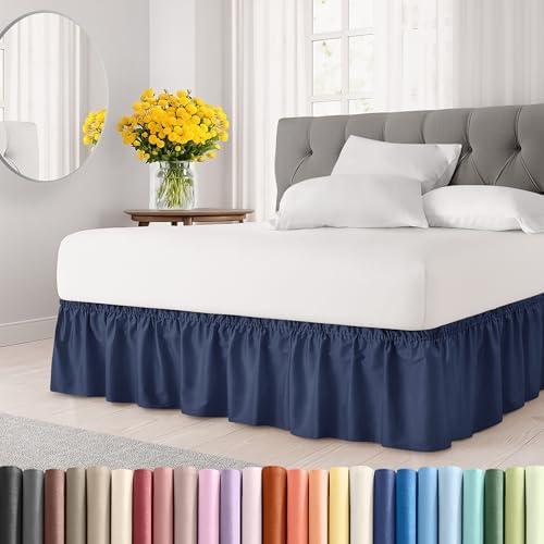 Wrap Around Dust Ruffle Bed Skirt - Navy Blue - for Full Size Beds with 21 Inch Drop - Elastic Strap - Adjustable Pleated Bedskirt with Brushed Fabric and Wrinkle Free - for Women, Men, Kids & Teens