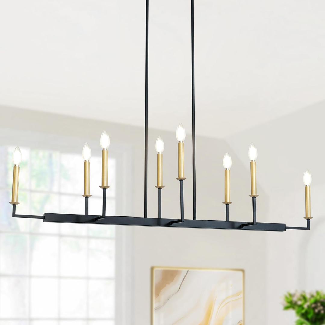 Modern 8-Light Black Gold Chandelier, Large Linear Candle-Style Island Lighting Fixtures with Adjustable Height for Dining Room, Kitchen Island, or Living Room 48.4L