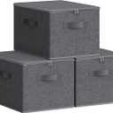 SONGMICS Foldable Storage Organizer Boxes, Set of 3 Storage Basket Bins with Lids, Handles, Clothes Organizer, 15.7 x 11.8 x 9.8 Inches, Non-Woven Fabric, Dove Gray URZB003W01