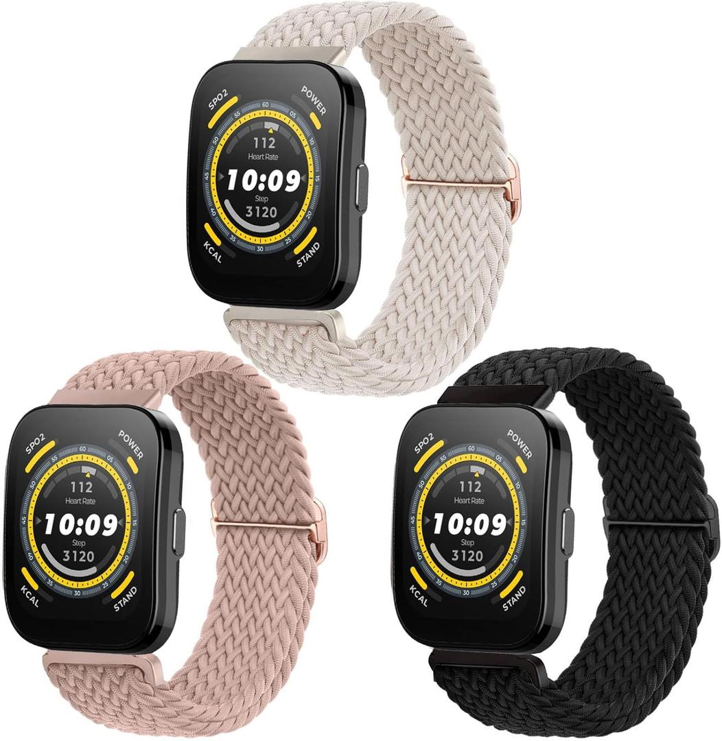 ViCRiOR 3 Pack Braided Stretchy Watch Bands Compatible with Amazfit Bip 6/ Bip 5/ GTR 4/ GTR 3/ 3 Pro/ GTR 2/ 2e/ GTR 47mm, 22mm Solo Loop Elastic Nylon Strap for Amazfit Cheetah Pro/ Balance