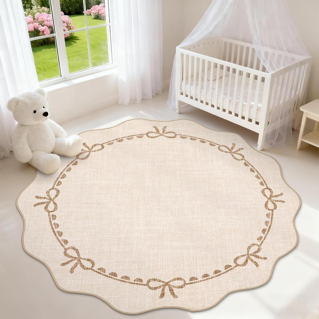 GarveeHome Scalloped Bow Rug for Living Room, 5ft Round Rugs Washable Solid Beige Rug for Dorm Soft Low Pile Non Slip Scalloped Rugs for Nursery Bedroom Decor Hallway Kids Room Playroom