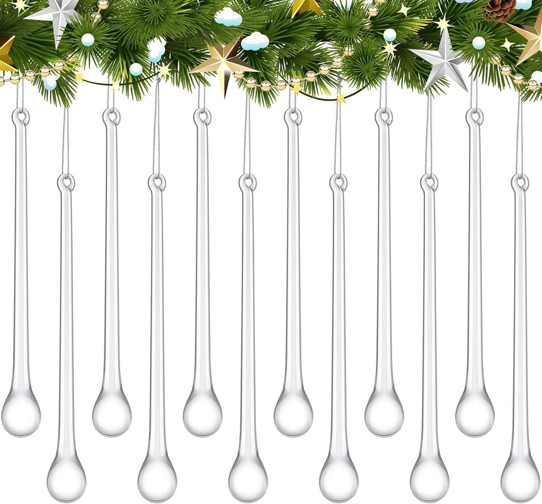 24 Pcs Glass Icicles Christmas Ornaments 4.72'' x 0.59'' Extra Long Clear Teardrop Christmas Chandelier Decorations Crystal Hanging Ornaments Glass Raindrops for Xmas Tree Decor Party