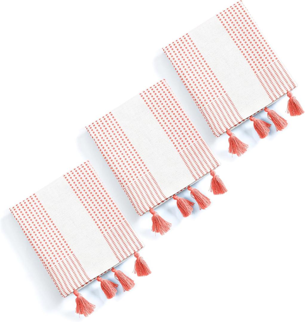 Light Orange Decorative Dotted Kitchen Towels 16x26 Inch, 3 Pack, Soft, Ultra Absorbent, Fast-Dry, 100% Cotton Dish Towels with Tassels for Everyday Use, Cleaning, and Drying Dishes
