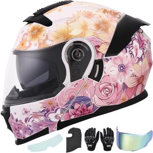 OUMURS Pink Modular Motorcycle Helmets Full Face Flip up Street Bike Motorcycle Helmet for Unisex Adult Flower Sea - M