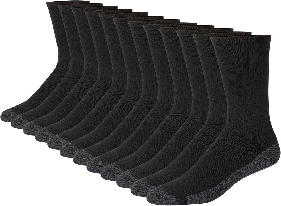 Hanes mens Max Cushioned Crew Socks, Moisture-wicking With Odor Control, Multi-packCrew Sock (12-14, Black/Grey Foot Bottom - 12 Pack)