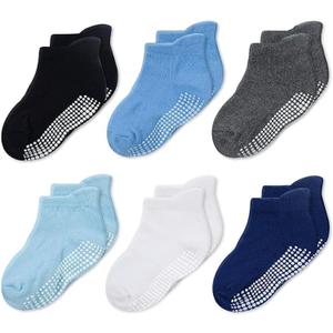 CozyWay Baby & Toddler Socks with Grippers Non Slip Ankle Grip Socks For Boys and Girls - Comfy Soft Cotton - 6 Pack (3-5T, Blue White Black)