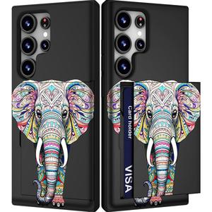 Compatible with Samsung Galaxy S24 Ultra Case Cute with Card Holder/Slim Slot Wallet Phone Cover for Women/African Elephant Design Animal Ethnic Stylized Pink