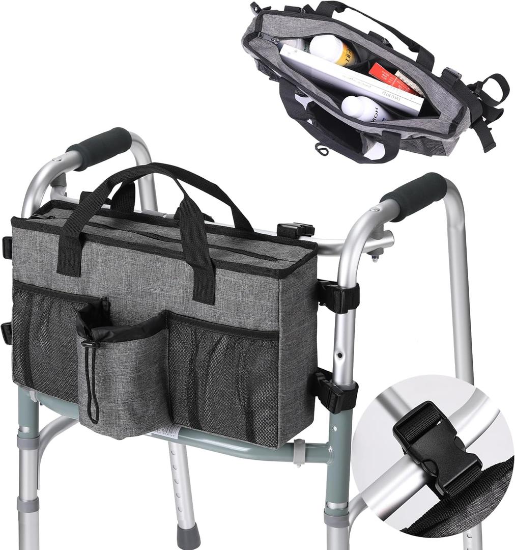 Bag for Walkers for Seniors with Pockets Walker Accessories Cup Holder Foldable Walker Pouches Storage Tray Basket (Gray)