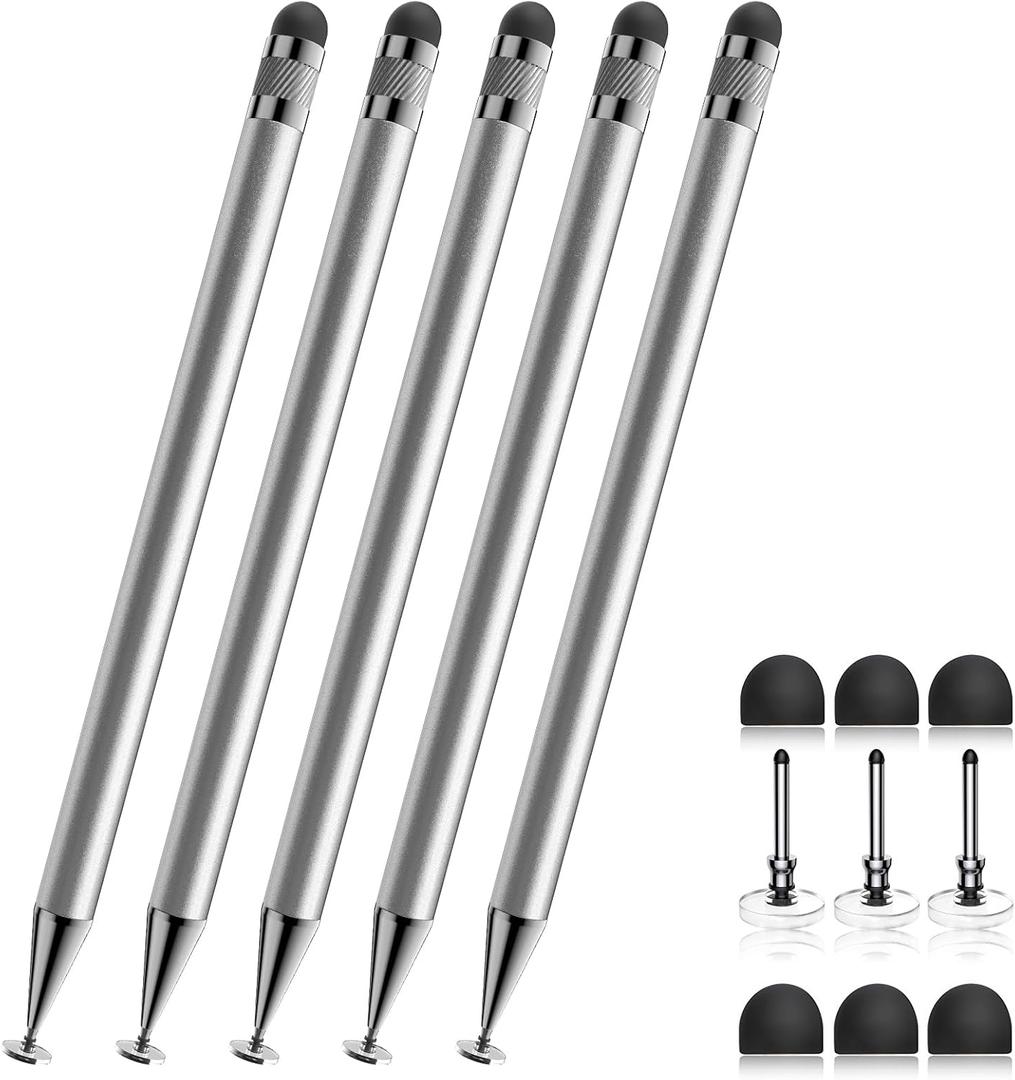 Bopomofo Stylus (5 Pcs), 2-in-1 Stylus Pen for Touchscreen, High Precision and Sensitivity, Suitable for iPhone/ipad/Android Tablets, Compatible with Touch Screens, Silver