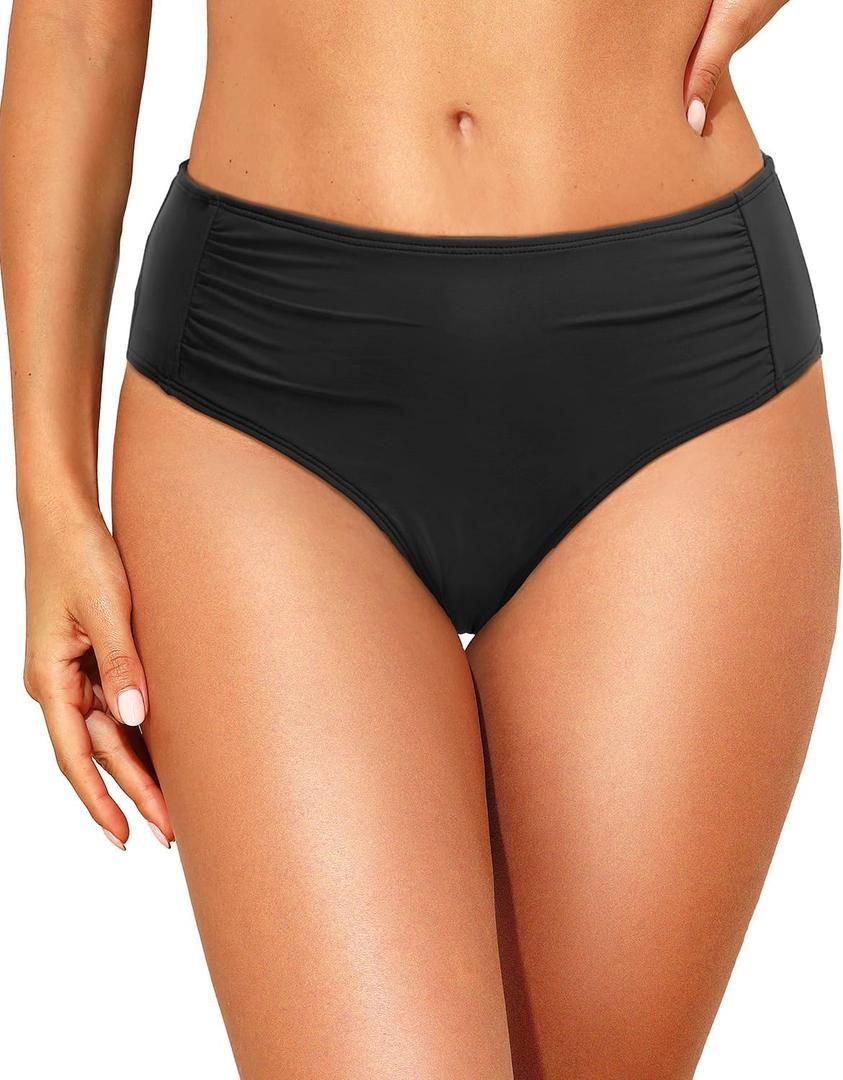 Talisea Women Full Coverage Bikini Bottoms - Mid Rise Bathing Suit Ruched Swim Bottom Swimsuit Swimwear (Large, Black)