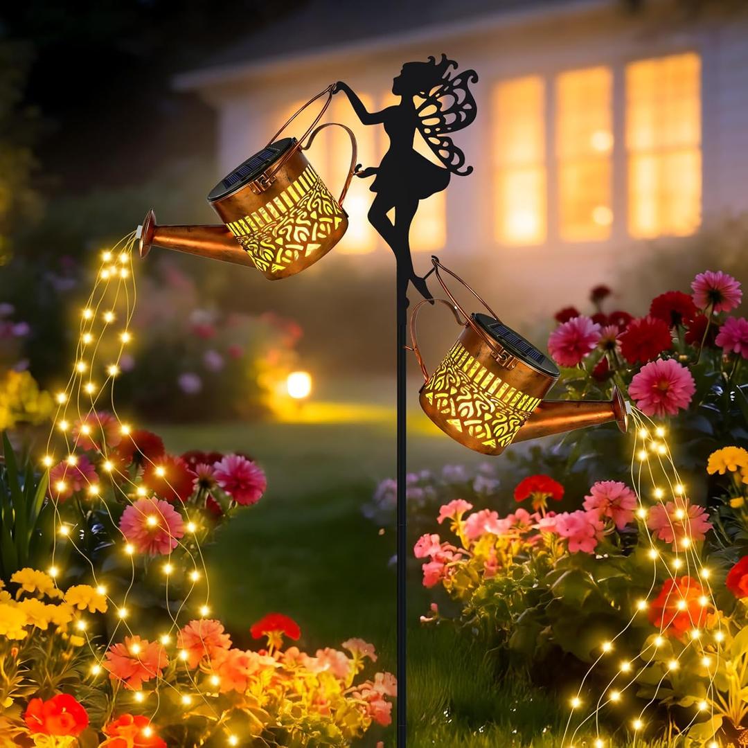 Solar Watering Can Lights, 2 Pack Solar Lights Outdoor Waterproof Hanging Lantern Landscape Lights with Elf Shepherd Hook Garden Decor for Yard Patio Lawn, Gifts for Mom Grandma Birthday (Warm White)