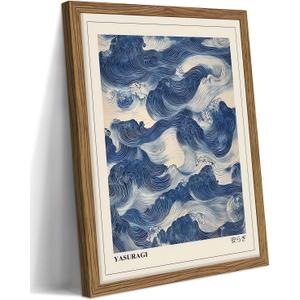 Framed Japanese Wall Art, Vintage Abstract Blue Waves Canvas Wall Decor Painting, Minimalist Japandi Oriental Ocean Aesthetic Prints Picture for Living Room Bathroom Bedroom 12x16 Inch