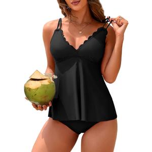 ANFILIA Two Piece Tankini Swimsuits for Women Scallop Trim V Neck Tankini Top with Bottom Tummy Control Bathing Suit (Black, L)