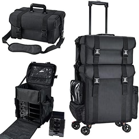 Costravio Travel Makeup Bag, Cosmetology Case on Wheels, 2 IN 1 Hair Tool Organizer, Rolling Nail Organizer Train Case, Large Cosmetic Trolley Suitcase for MUA/Hairstyling/Home-care/Groomer, Black