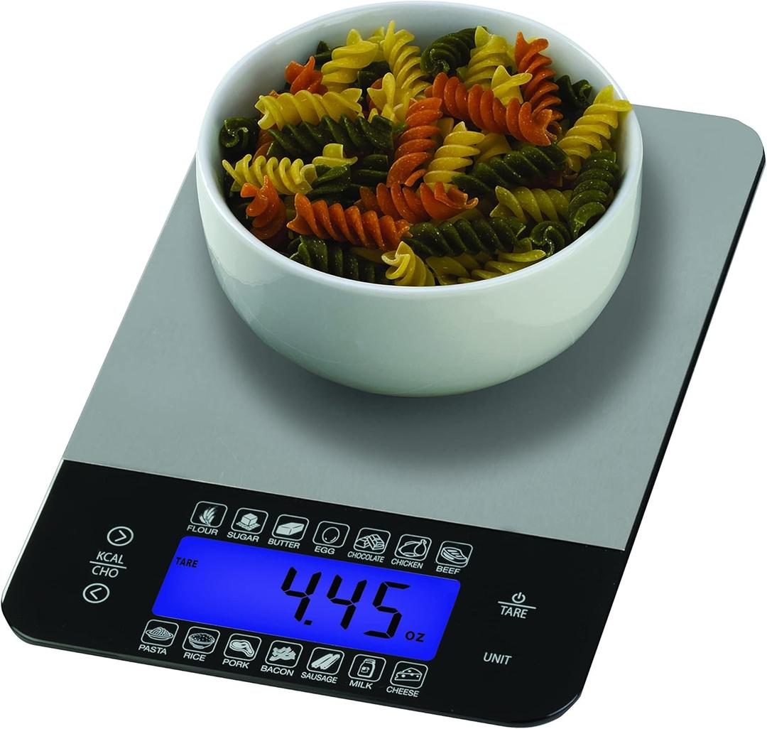 SmartHeart Digital Kitchen Food Scale with Calorie & Carb Calculator, Stainless Steel, Tare Function, Unit Conversions: oz/lbs/g/ml, 14 Pre-Set Foods, Large Backlit LCD Display