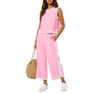 Fisoew Womens 2 Piece Outfits Summer Sleeveless Wide Leg Capris Tracksuits Casual Cotrast Colors Lounge Sets, L