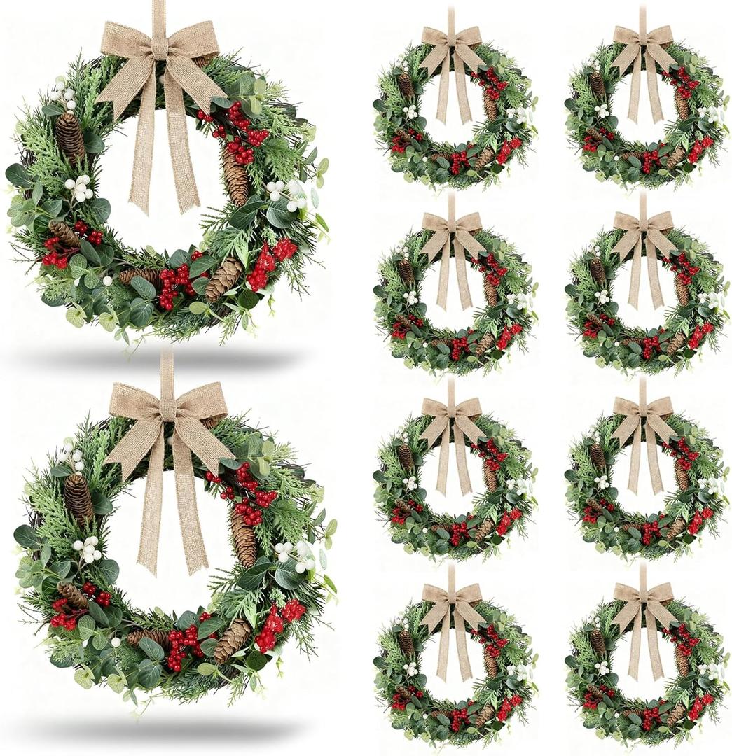 8 PCS Christmas Mini Cabinet Wreath for Kitchen with Ribbon Artificial Eucalyptus Cedar Hanging Garland with Red Whilt Berries Pine Cones for Swag Table Centerpiece Door Window Chair Wall Winter Decor