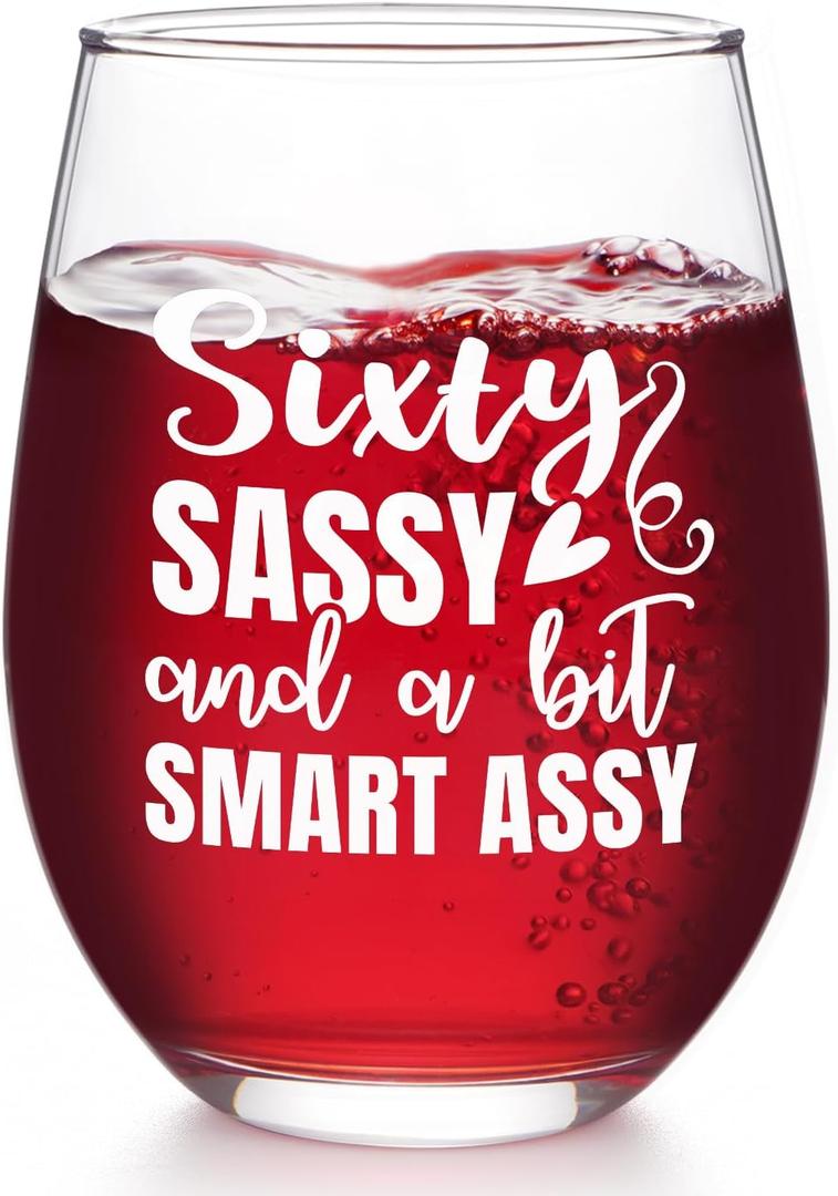 Futtumy 60th Birthday Gifts for Women, 17 OZ Sixty Sassy And A Bit Smart Assy Wine Glass, Gifts for 60th Birthday Women Mom Grandma Wife Daughter Sister Friend Aunt Female, 60th Birthday Gift Ideas