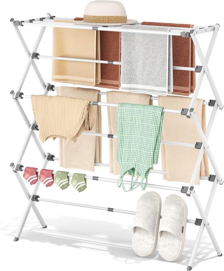 APEXCHASER Drying Rack Clothing - 3 Tier Metal Clothes Drying Rack Collapsible, Laundry Drying Rack Expandable, Small Clothe Airer for Baby Clothes Towel Bib Sock Indoor Outdoor Use(White), 35"l X 11.8"d X 37.6"h