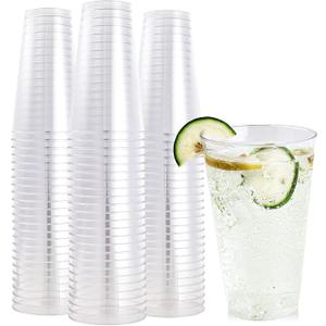 FOCUSLINE 100 Pack 16 oz Clear Plastic Cups, Disposable Cups Large Reusable Plastic Tumblers, Heavy-duty Clear Hard Cups 16 Ounce for Wedding Party, Thanksgiving, Halloween, Christmas