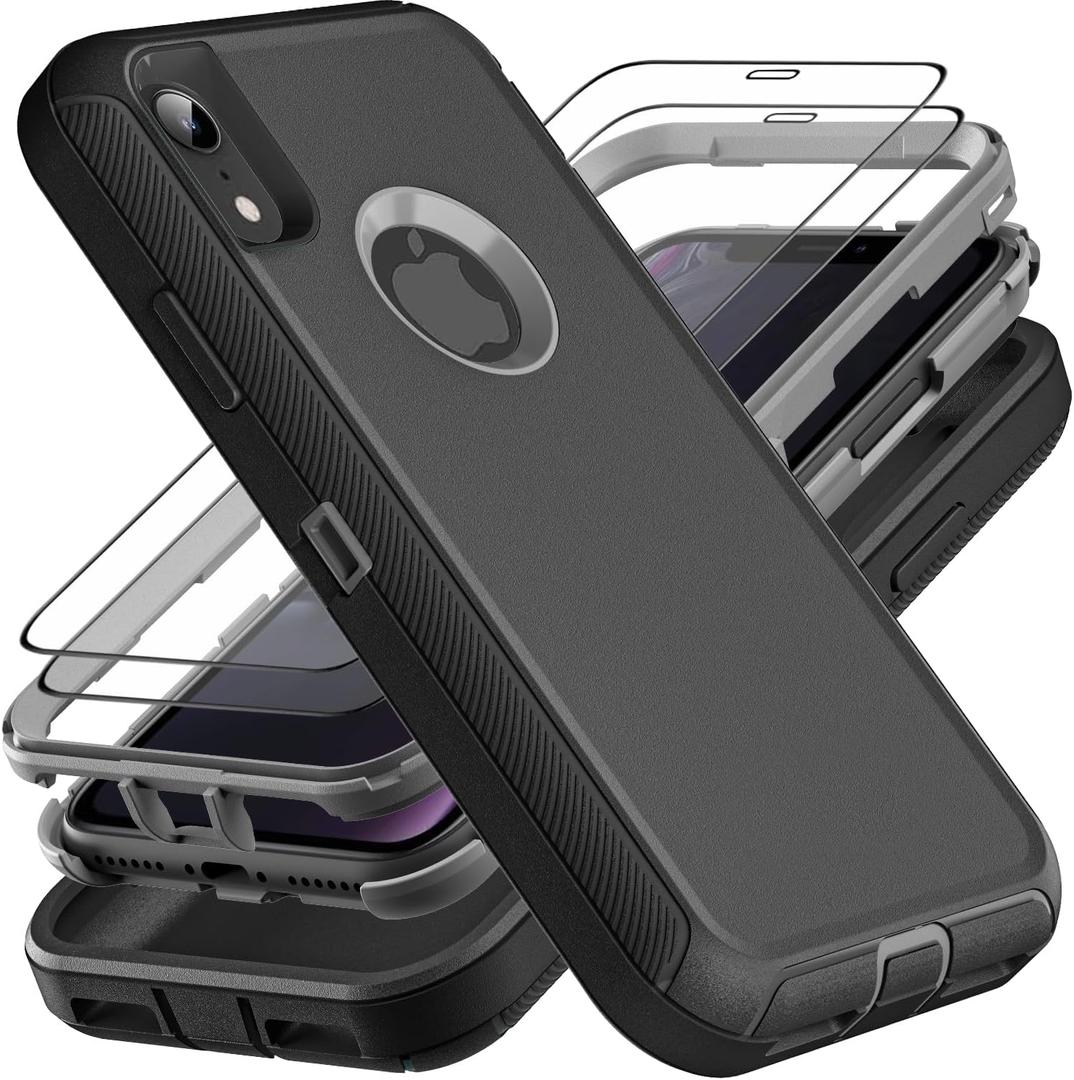 for iPhone XR Case, Military Grade 3 in 1 Heavy Duty Shockproof/Drop Proof/Dust Proof Case with 2Pcs Tempered Glass Screen Protector (Black/Grey) for iPhone XR Case, Military Grade 3 in 1 Heavy Duty Shockproof/Drop Proof/Dust Proof Case with 2Pcs Tempered Glass Screen Protector (Black/Grey)
