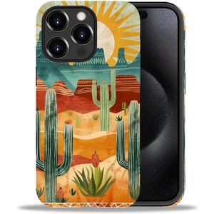 Compatible with iPhone 15 Pro Max Case, Desert Cactus Boho Pattern Print Phone Case Funny Liquid Silicone Case Impact Resistant Anti-Scratch Shockproof Protective Cover