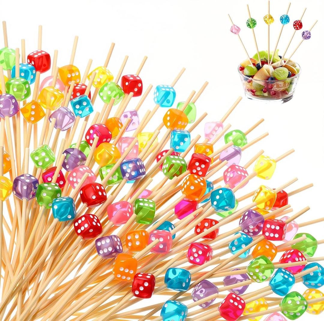 Reallnaive 300 Pcs Dice Cocktail Picks Casino Party Decoration 4.7 Inch Dice Fruit Dessert Toothpick Sticks for Casino Game Night Las Vegas Poker Birthday Party Table Supplies(Multicolor)