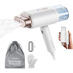 Newbealer Dual Voltage Garment Steamer - 120V/220V, 1200W Powerful Steamer for Clothes, Home & Travel Use, Horizontal & Vertical Steaming, 20s Heat-up, Foldable, 1.72lbs, 180ml (Gold)