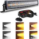 32 Inch 180W Curved LED Light Bar White/Amber Flasing Strobe Light with Six Modes Driving Fog Lights Spot Flood Combo Bumper Lights with Switch Wiring Harness for Offroad Truck 4WD SUV ATV UTV
