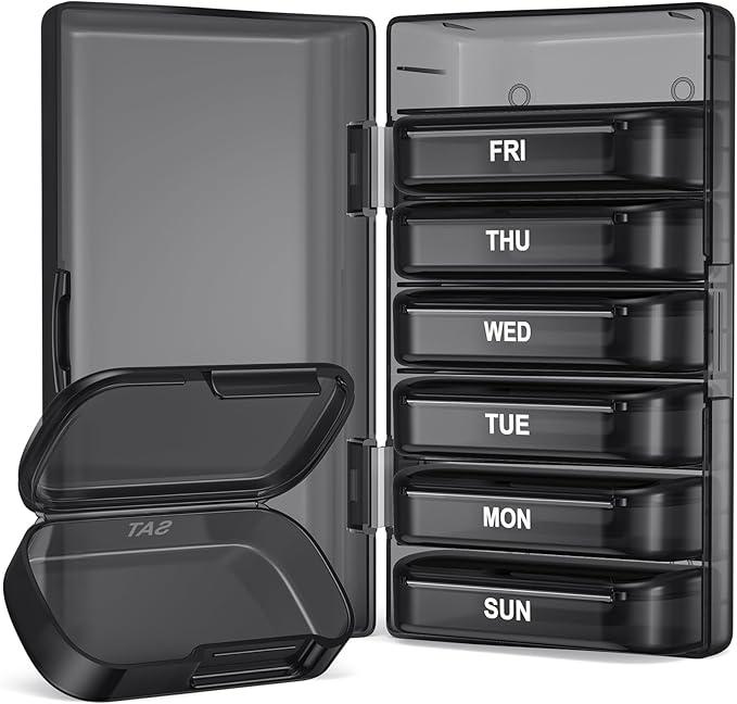 PULIV Weekly Pill Organizer with Large Capacity, Dual Protection Pill Box 7 Day, Arthritis Friendly Pill Case Easy to Open, Medicine Organizer for Vitamins, Medications, Fish Oils, Supplements (Black)
