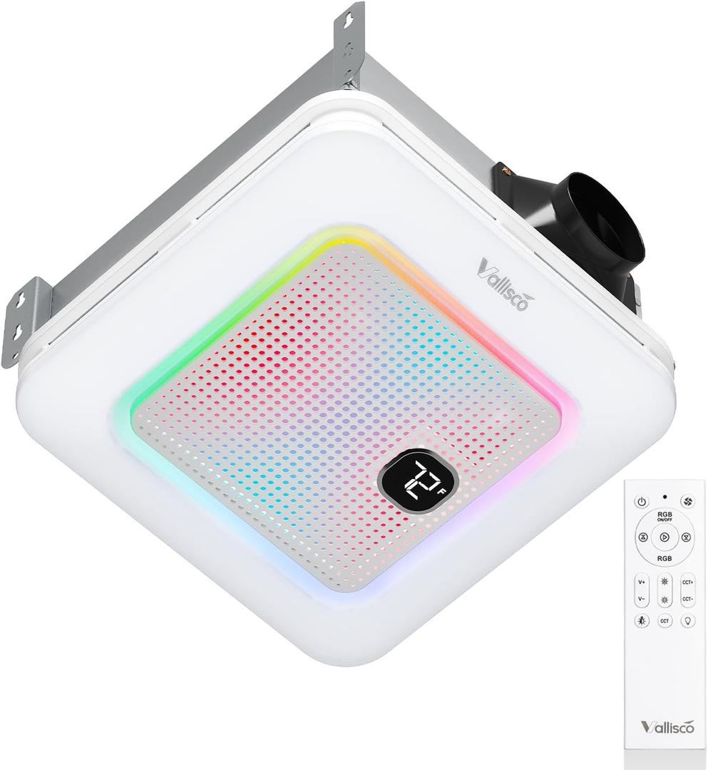 VallisCo Bathroom Exhaust Fan with Bluetooth Speaker, RGB Light & Remote, 230 CFM Quiet Ceiling Fan, 3 Dynamic RGB Lighting, 3000K6000K Dimmable, Nightlight, Dual Installation, Plus