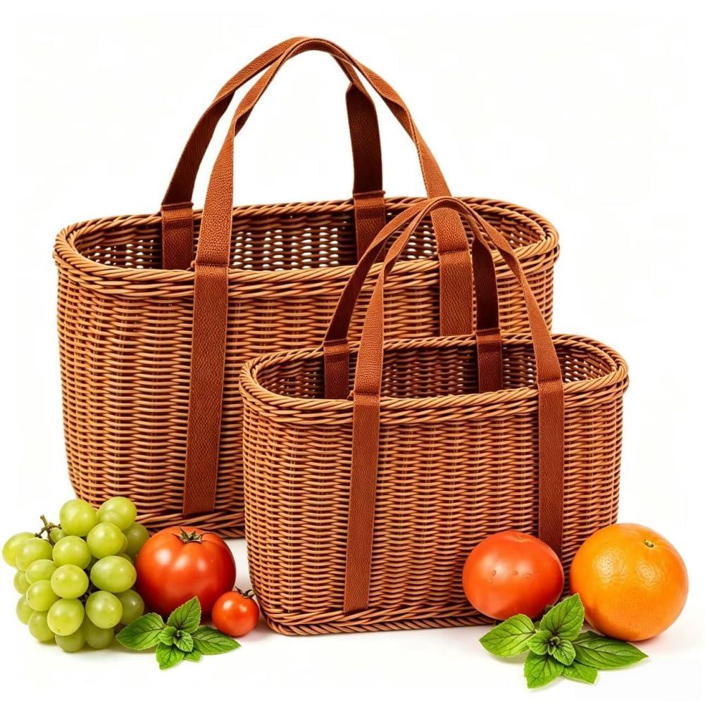 Shopping Wicker Basket with Handles, Handwoven Picnic Basket, Portable Storage Decor for Kitchen, Home, Outdoor and Farmers Market (M)