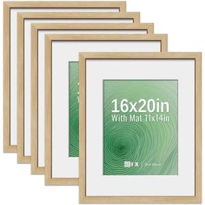 VCK 16x20 Picture Frame 5 Pack - Natural Oak, High-End Wood Poster Frames with Tempered Glass, Display 11x14 Photo with Mat or 16x20 without Mat, Art Gallery-Quality, Wall Hanging, Natural Oak