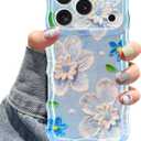 Jusy Case for iPhone 17 Pro Max, Colorful Retro Oil Painting Printed Flower Laser Blue Glossy Pattern Cute Curly Wave Phone Case Soft TPU Cover for Girly Women -Blue Flower