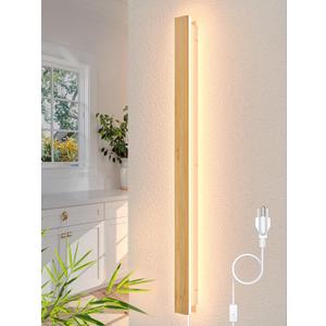 1 Pack Modern Plug in Long Wall Sconce 45.2 LED Bamboo Wall Lights 35W Long Strip Indoor Wall Lamp 3000K with 6.5FT Plug in Cord and On/Off Switch on The Cord for Living Room Hallway Stairwell (Wood)