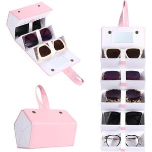 Muf Travel Sunglass Organizer, 4/5-Slot Leather Case for Multiple Sunglasses, Storage for Oversized Glasses for Men & Women (Light Pink With 5 Slots)