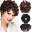 Short Wave Human Hair Toppers 7 Inch Clip in Top Hair Pieces for Women,4.7"x4.7" Silktop Base Remy Human Hair Wiglet Hairpiece for Thinning Hair 2/33# Darkest Brown