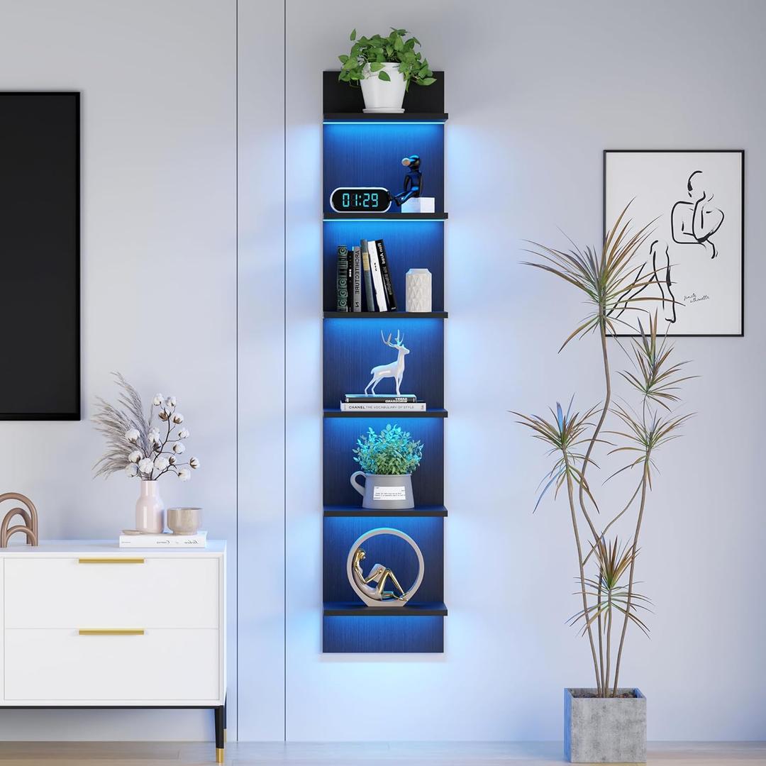 6 Tier Wall Shelf Unit with LED Light, Floating Storage Home Decor Organizer Shelving for Living Room, Dark Black