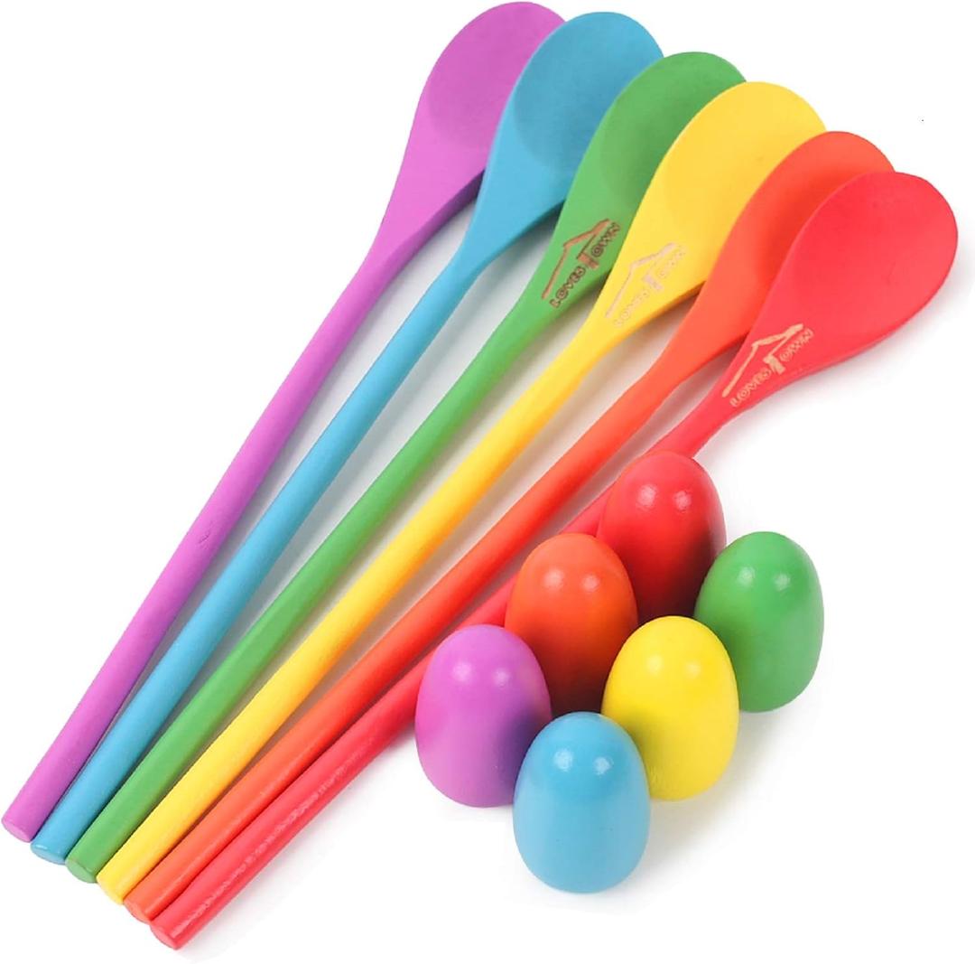 LovesTown 12 Pcs Egg Spoon Race Game Sets, Wooden Balance Relay Games for Kids Carnival Birthday Party Outdoor Games