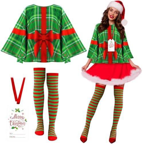 Blosssound Christmas Candy Cane Present Costume for Women Holiday Poncho Outfit Adult Red White Green Stripe Thigh High Sock M