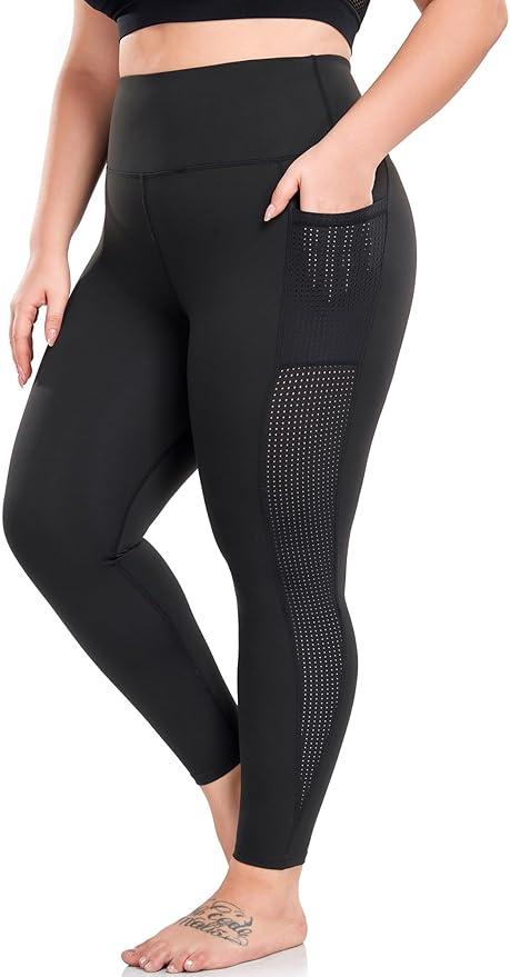 Plus Size Leggings for Women with Pockets Stretchy, L-5XL Tummy Control High Waist Workout Black Mesh Yoga Pants, XL